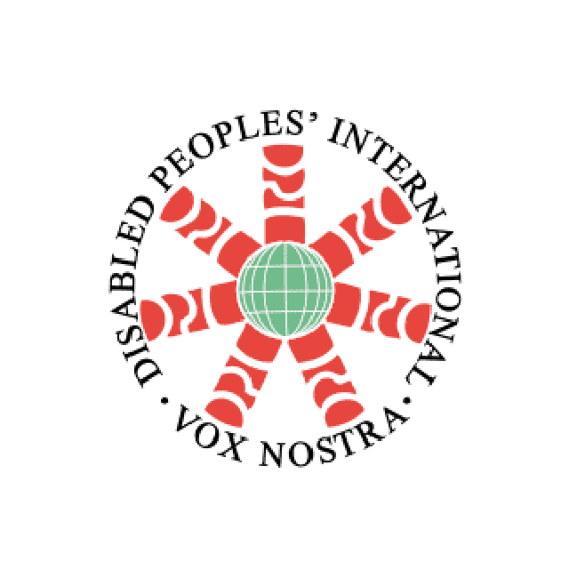 Logo of Disabled Peoples’ International. The logo has a green globe in the centre that has 7 red spokes radiating from it. The circumference contains the words DISABLED PEOPLES’ INTERNATIONAL, VOX NOSTRA in black.