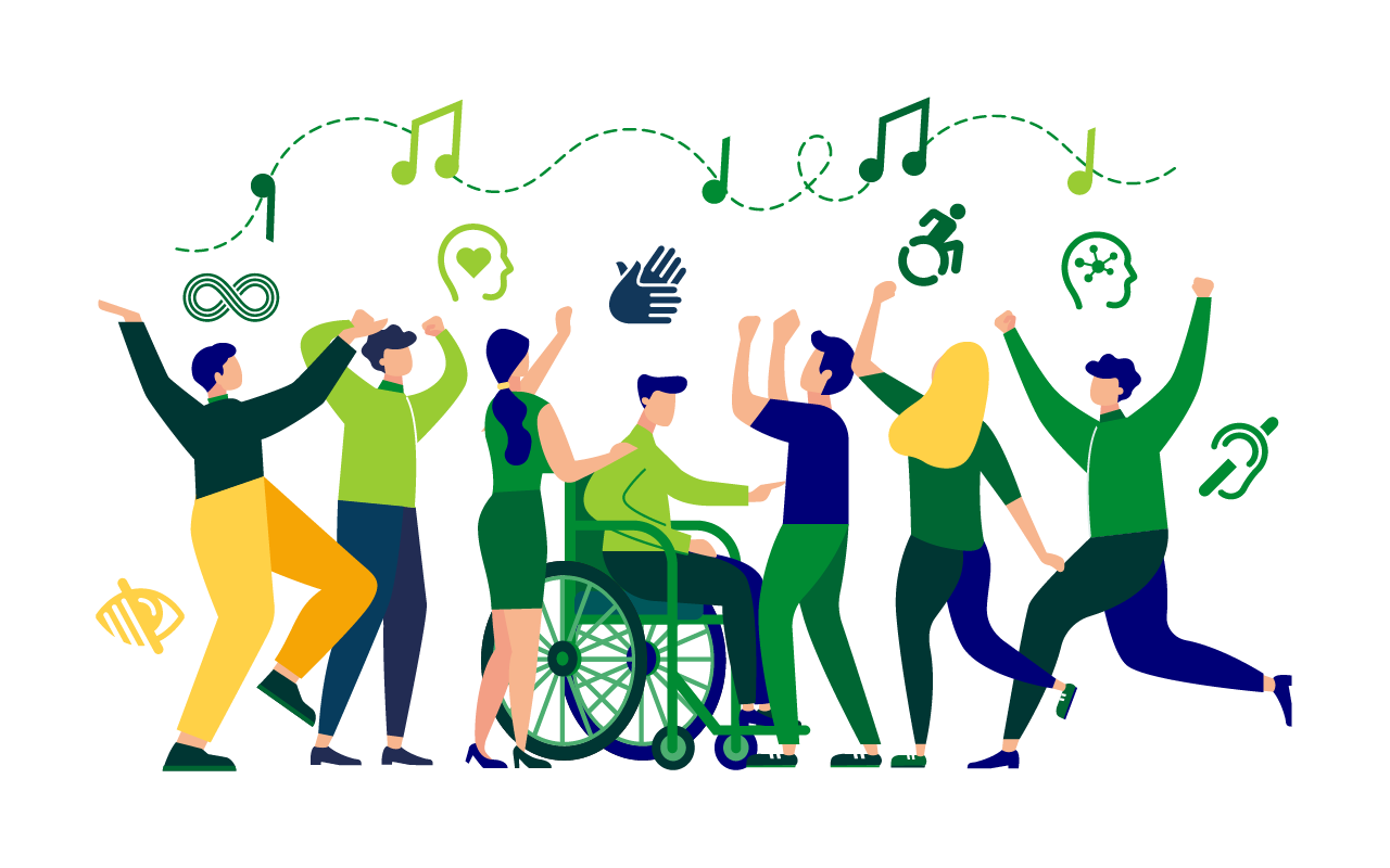 Graphic of a group of people, including a wheelchair user, dancing to music. Above them are musical notes and disability-related symbols.