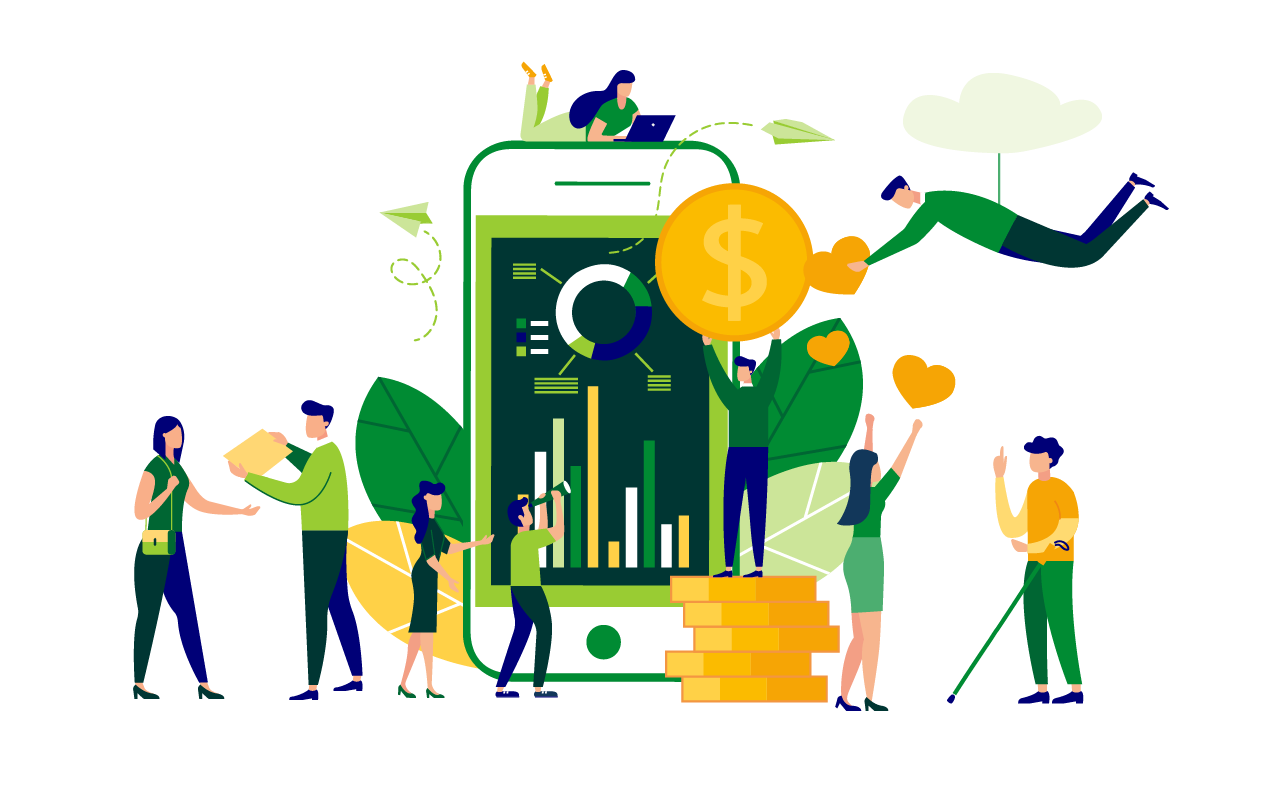 Graphic of an app on a giant smartphone surrounded by people raising funds or making donations.